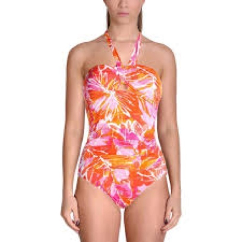 Lauren Ralph Lauren pink & orange tropical ruched halter 1 piece swimsuit, 12.
